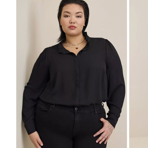 New Torrid 3X Madison Georgette Ruffle Mock Neck Button Up Shirt Preppy Office - Picture 1 of 12